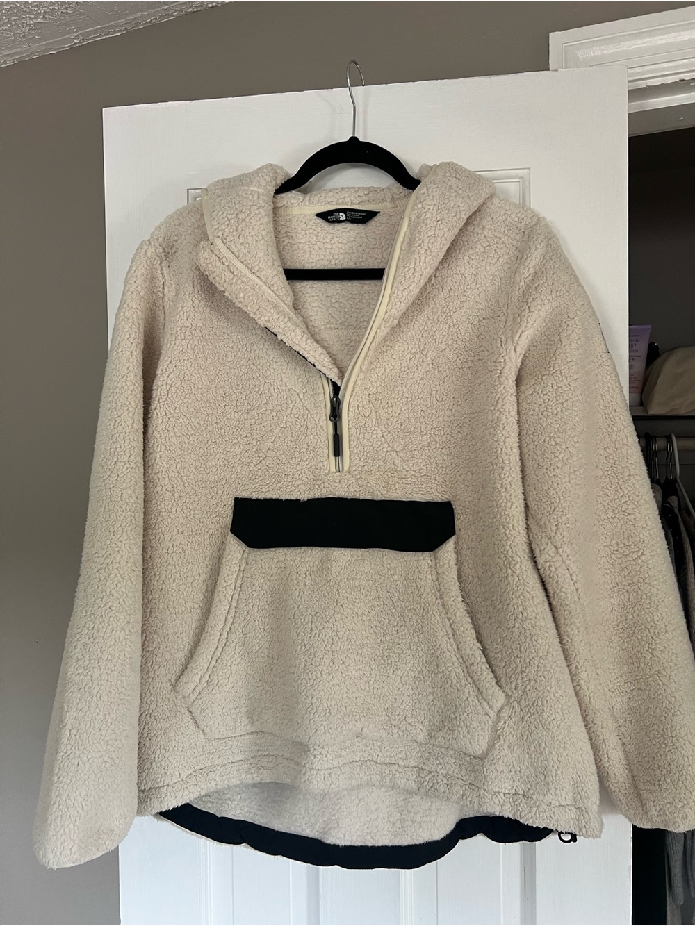 The North Face Cream Sherpa Pullover Hoodie with Black Trim